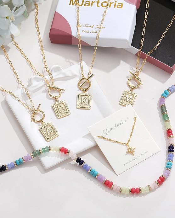 MJartoria Layered Initial Necklaces for Women Trendy, 14K Gold Plated Brass Simple Star Choker Square Letter Pendant Necklace, Colorful Beaded Necklaces Jewelry Gifts