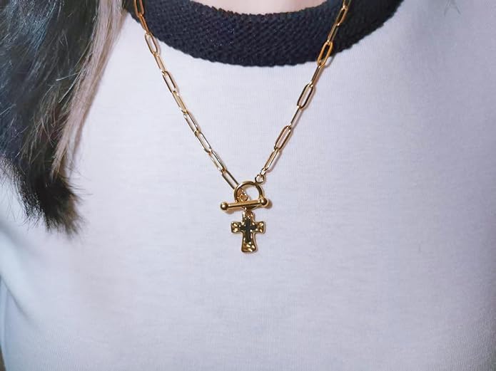 MQV Chunky Statement Gold Hammered Bold Cross Necklace Thick Chain Vintage Chain Pendant Jewelry