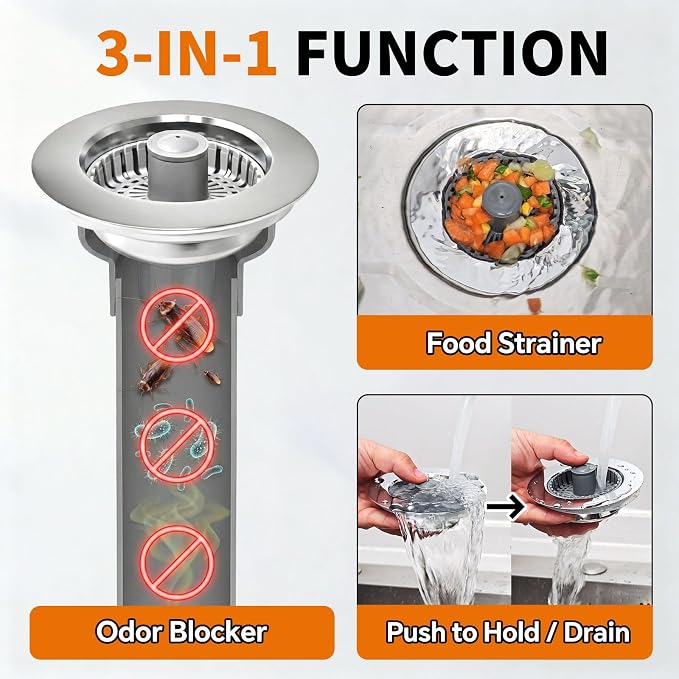 Kitchen Sink Stopper, 3 in 1 Pop Up Kitchen Sink Drain Strainer, - Image 4