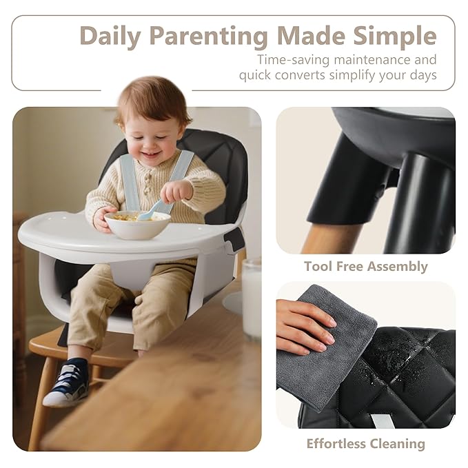 Kinder King 7 in 1 Baby High Chair for Babies and Toddlers with Large Storage Footrest, Booster Seat, Convertible Wooden High Chair with 3-Depth Double Dishwasher Safe Tray, 5 Point Harness, Black