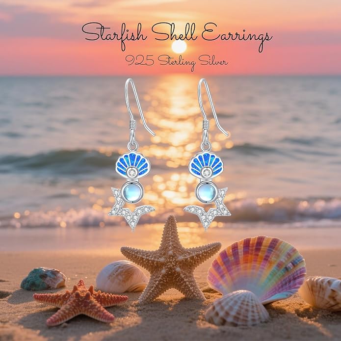Starfish Shell Earrings 925 Sterling Silver Starfish Dangle Earrings Moonstone Earrings Seashell Dangle Earrings with Blue Opal Ocean Summer Vacation Beach Jewelry Gift