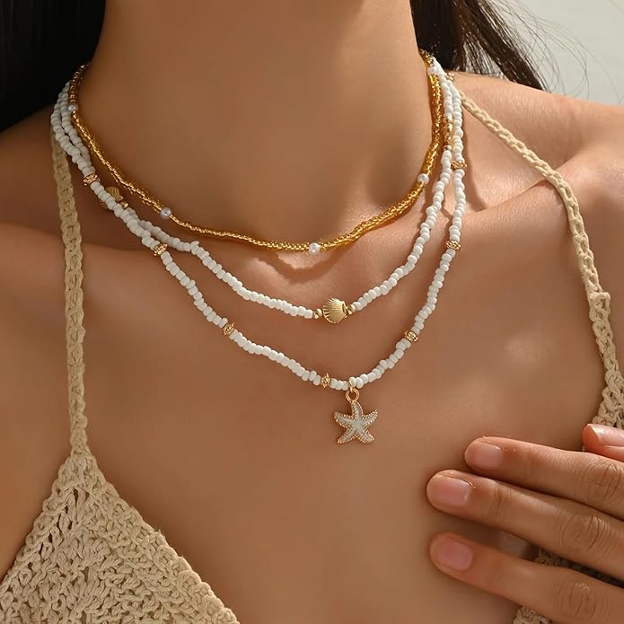 Shell Starfish Necklace for Women, 14k Gold Plated Boho Layered Beaded Charm Pendant Necklace, Dainty Adjustable Pearl Conch Summer Beach Vacation Jewelry Gifts