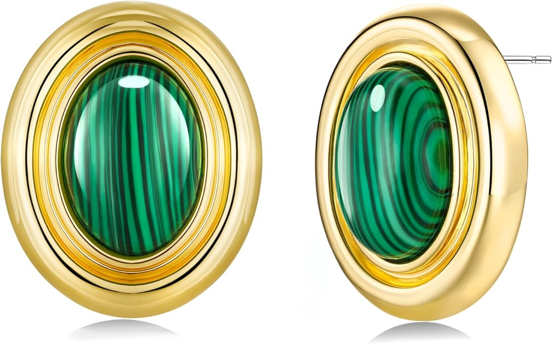 18K gold plated Medium Oval Button Chunky Statement Earrings for Women by SNGIA, (Turquoise, Carnelian, Aventurine, Amethyst, Malachite, Cat Eye, White, Cream) Bold Handmade Colored (Red, Blue, Green, White, Cream, Purple) Exaggerated Dome Retro Rounde...
