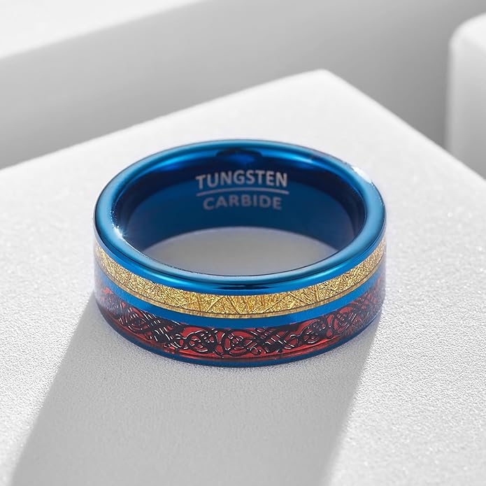 | Dual Dragon & Cloud Band - 8mm Wide Blue Tungsten Wedding Ring | Unisex Oriental Design