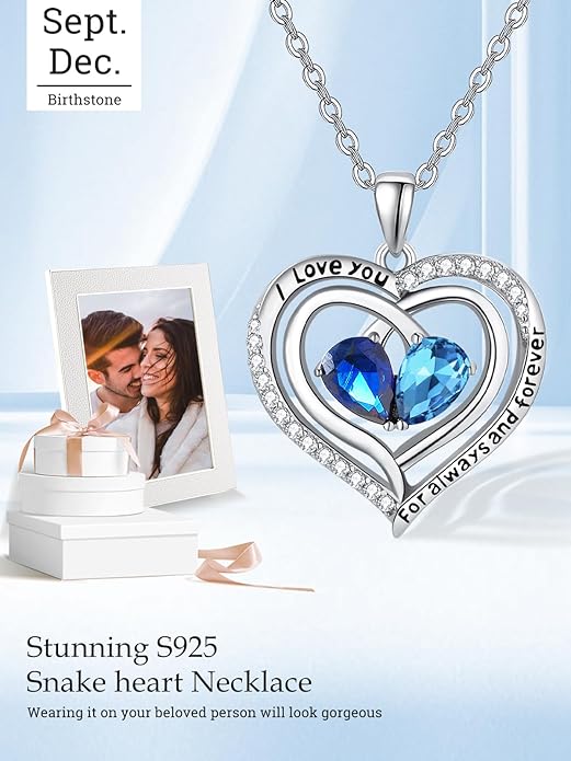 Valentine's Day Gifts for Wife 925 Sterling Silver Double Birthstone Pendant Necklaces I Love You for Always and Forever Necklace Anniversary Birthday Gifts for Wife Girlfriend Mom Her