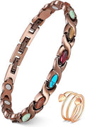 Feraco Pure Copper Bracelets & Rings for Women, Ultra Strength Magnetic Bracelet with 3800 Gauss Magnets & Natural Turquoise & Stones, Adjustable, Jewelry Gift