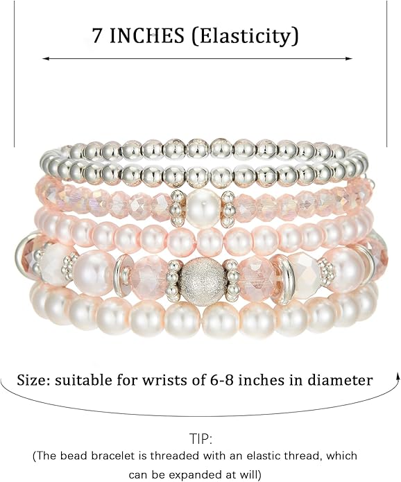 Noessla Beaded Pearl Stretch Bracelet Silver Stackable Crystal Beads Bracelets Trendy Costume Jewelry Mothers Day Gifts for Women