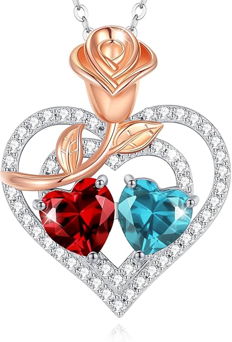 AGVANA Valentines Day Gifts Birthstone Necklace for Women Sterling Silver Rose Flower Heart Double Birthstone Jewelry Pendant Necklace Anniversary Birthday Gifts for Women Mom Wife Girlfriend Her