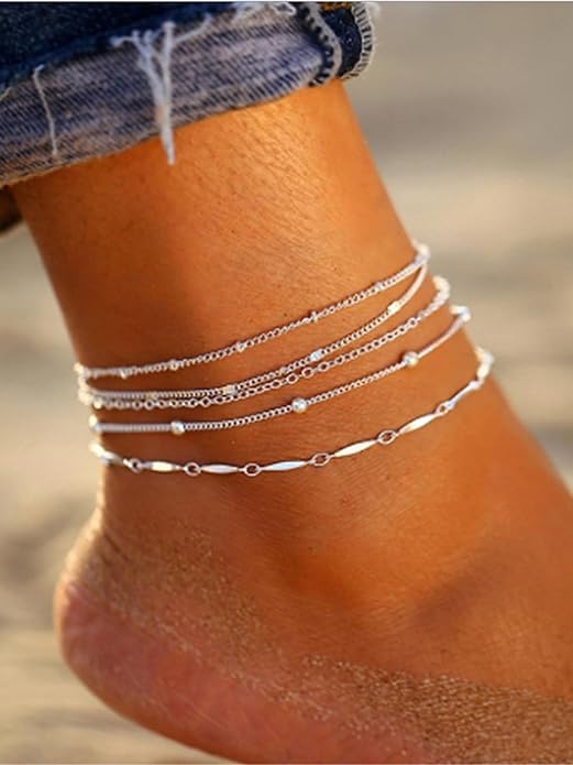 LEXODY Silver/Gold Anklets for Women, Sterling Silver Evil Eye Ankle Bracelets for Women Trendy Dainty Waterproof Anklets Set Adjustable Layered Anklet Bracelets for Women Silver Jewelry Gift