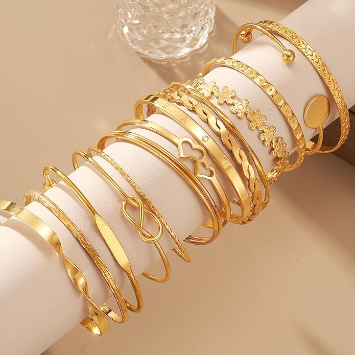 17IF Gold Bangle Bracelet For Women, 14k Multilayer Charm Textured Stackable Bracelets Boho Indian Chunky Cuff Fashion Jewelry Gift