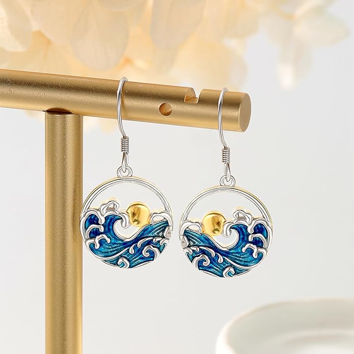 Wave Earrings Women 925 Sterling Silver Ocean Wave Dangling Earrings Sunrise Earring Ocean Jewelry Beach Gifts for Women