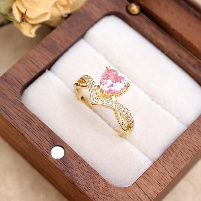 Jean Beau Gold Heart Adjustable Rings for Women, Trendy Elegant Sparkly Cubic Zirconia Ring Wedding Prom Valentine Fashion Accessories Jewelry Gift