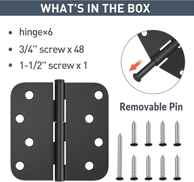 HOSOM 6 Pack Heavy Duty Door Hinges, Matte Black Door Hinges 4X 4 Inch - Image 3