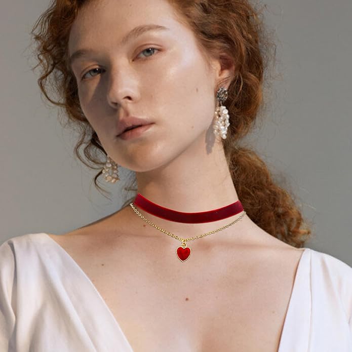 Heart Necklace Valentines Day Gifts for Her, Black Heart Choker Necklace Red Ribbon Choker Love Jewelry as New Year Gifts, Red Velvet Chocker Vintage Jewelry as Birthday Gift for Women