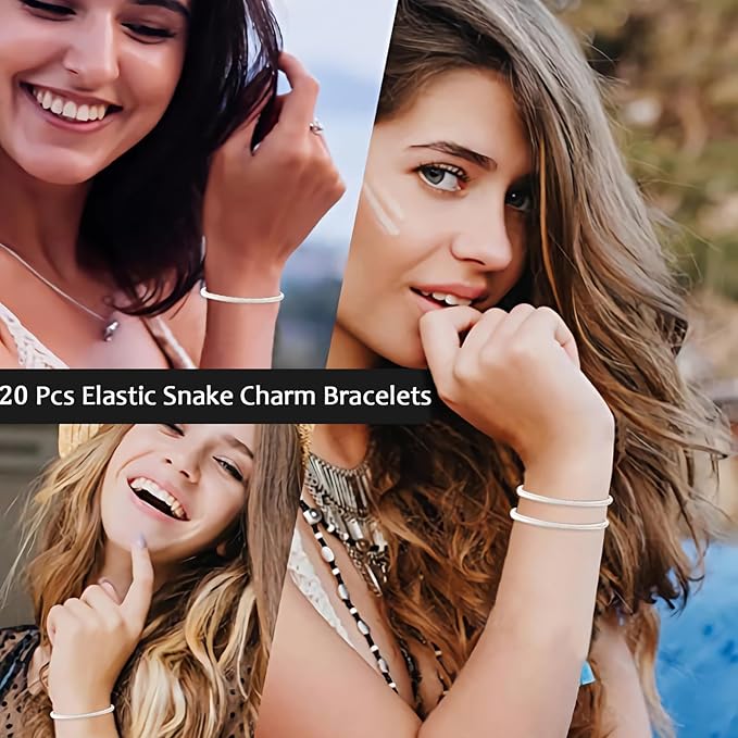 20 Pieces Snake Charm Bracelet, 4mm Expandable Charm Bangle Bracelets Silver Adjustable Friendship Snake Bracelet Chain DIY Charm Bracelet for Women Jewelry Making Christmas Birthday Gifts Supplies