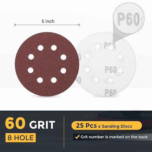 HARFINGTON 25 Pcs 5 Inch Sanding Discs 60 Grit Red Aluminum Oxide 8 Hole | Hook - Image 2