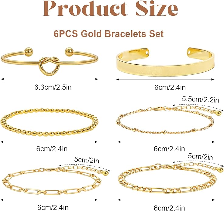 6 Pcs Chic Gold Bracelets for Women 14K Gold Plated Stack Bracelets for Women Stackable Bracelets for Women Fashion Jewelry