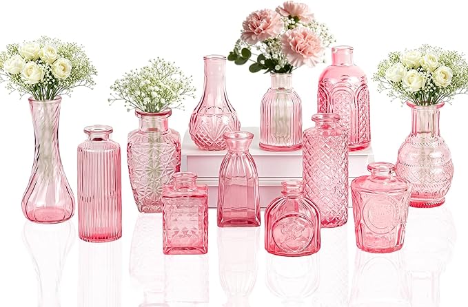 Clear Pink Glass Bud Vase Set of 12 Pcs, Small Bud Vases in Bulk, Glass Crystal by JXINDUJU