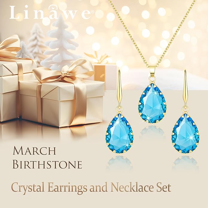 Linawe Crystal Jewelry Sets for Women, Imitation Diamond Pendant Necklace, Rhinestone Drop Dangle Earrings, Birthstone Cubic Zirconia Matching Wedding Jewelry, 14K Gold/Rose Gold/Silver Tones