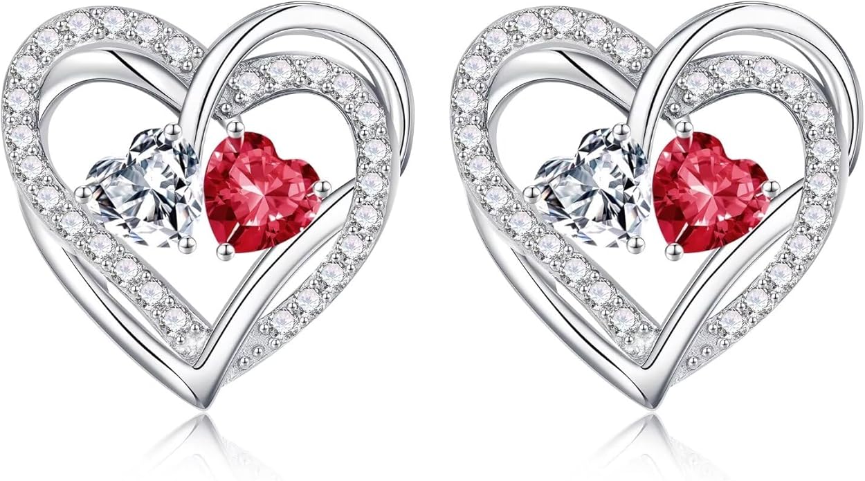 Iefil Valentines Day Gifts for Her, 925 Sterling Silver Heart Birthstone Earrings, Anniversary Birthday Gifts for Women, Birthstone Jewelry for Her Wife Girlfriend Mom