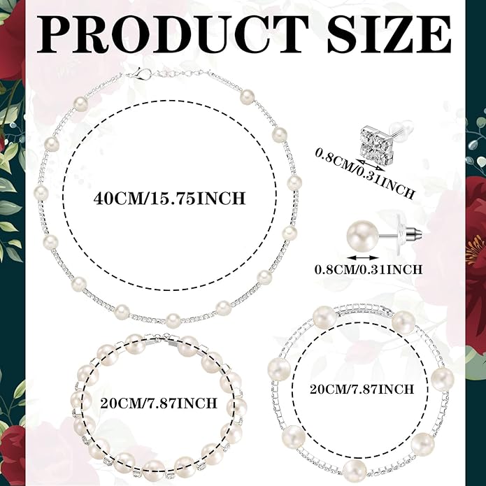 Glenmal Pearl Rhinestone Jewelry Set for Women Pearl Necklace Bracelet Earrings for Wedding Birthday Bridal Shower Tea Party