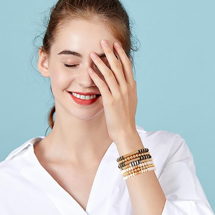 GOOJIDS Surfer Heishi Clay Bead Bracelets for Women Bohemian Stackable Gold Plated Beaded Stretch Bracelets Elastic Layering Friendship Bracelets Set Boho Jewelry