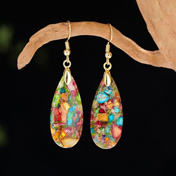 Boho Women Natural Stone Earrings Unique Healing Imperial Jasper Gemstone Energy Hypoallergenic Lightweight Dangle Drop Earrings Multiple Styles Earrings Jewelry for Birthday Party Gift