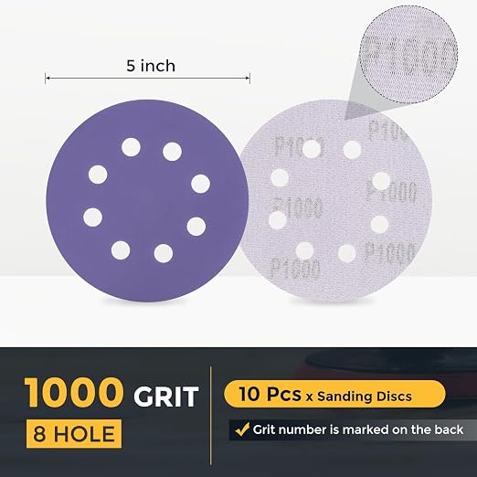 HARFINGTON 10Pcs 5Inch Sanding Disc 8 Hole 1000Grit Purple Aluminum Oxide | - Image 2