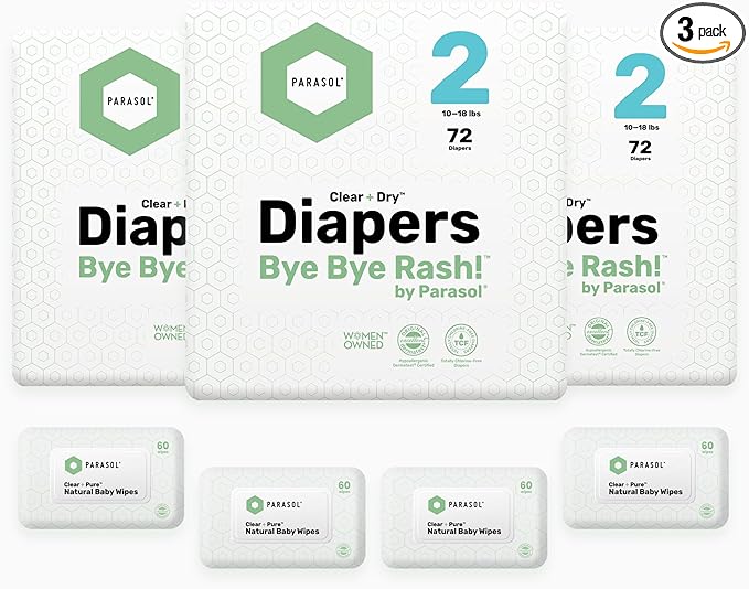 Parasol Clear+Dry Disposable Diapers and Clear+Pure Wipes Kit, RashShield Protection, Size 2 (10-18 lbs), Diaper Bundle of 216 Diapers & 240 Wipes
