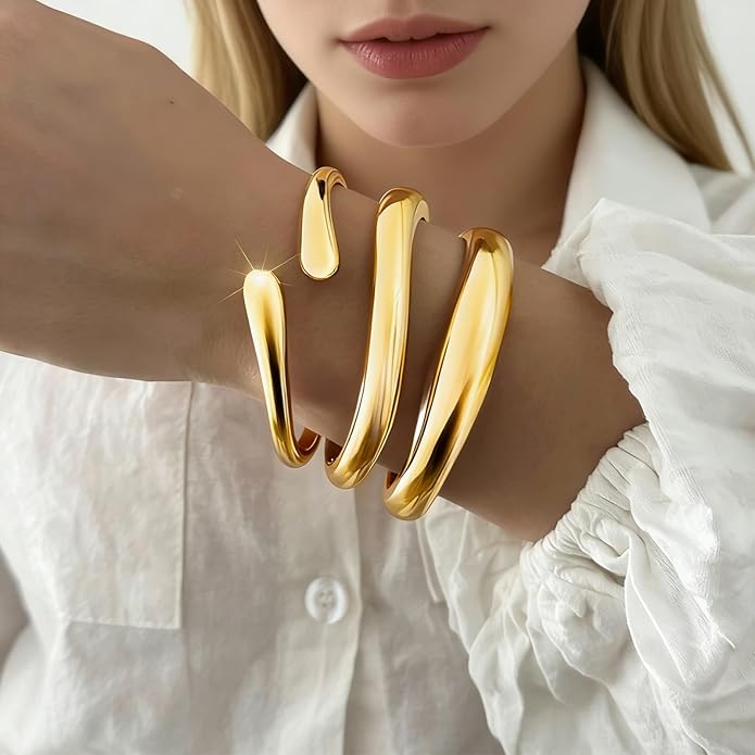 3Pcs Chunky Gold Bangles Bracelets for Women, Spring Hinged Big Stackable Bangles Set, Trendy Cuff Bracelet Stack Fashion Jewelry Gifts
