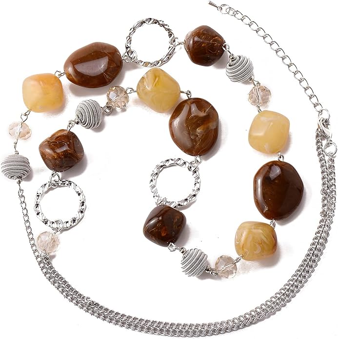 BULINLIN Beaded Long Necklace for Women Silver Sweater Chain Necklace with Crystal Resin Beads, Fashion Jewelry Necklace