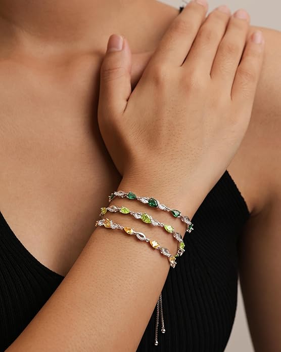 FANCIME Birthstone Teardrop Tennis Bracelet for Women, Sterling Silver 9x7mm main Gemstone Bolo Adjustable Chain Bracelet Fine Jewelry Birthday Gifts for Women Mom Wife Her