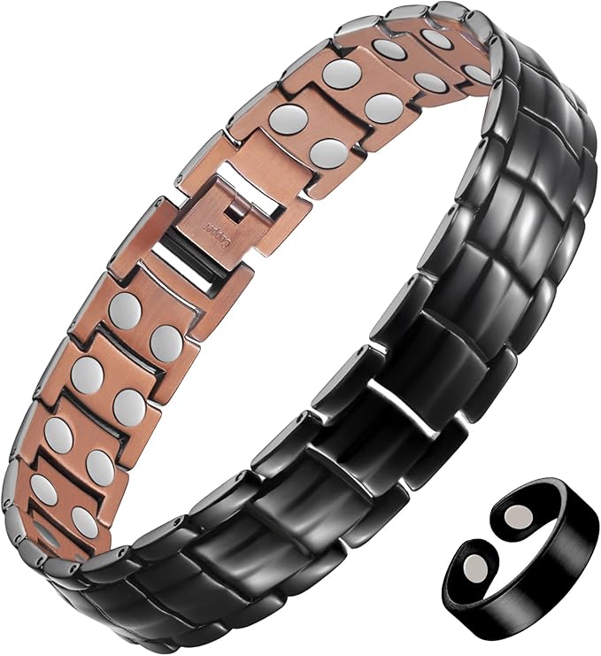 Feraco Men's Copper Magnetic Bracelet and Ring Elegant 99.99% Solid Copper Bracelets with Double-Row Strong Magnets, Magnetic Field Therapy Jewelry(Black)