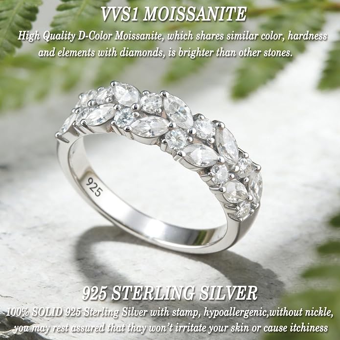 D Color VVS1 Moissanite Rings for Women 925 Sterling Silver Wedding Bands Marquise Eternity Rings Stackable Promise Size 5-10