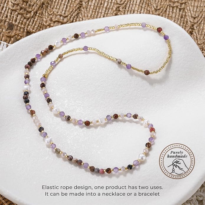 Beaded Bracelets Stack for Women Small Beaded Stretch Stone Bracelets Stackable Gemstone Crystal Dainty Boho 14K Gold Plated Beads Anklets Necklace Summer Jewelry for Women