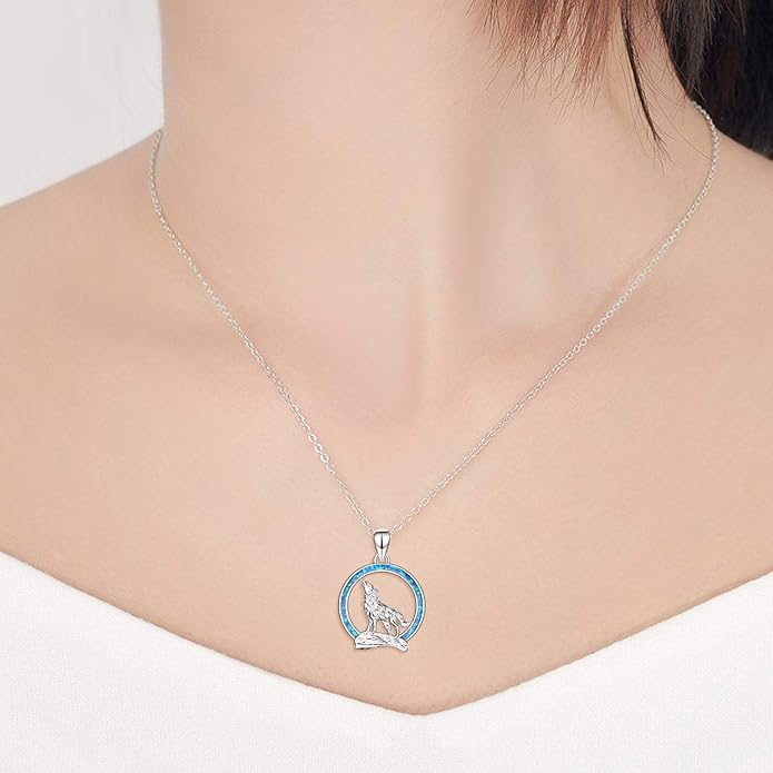 YFN Wolf Necklace Gifts for Men Women Sterling Silver Opal Moon Wolfs Jewelry Birthday 18+2"