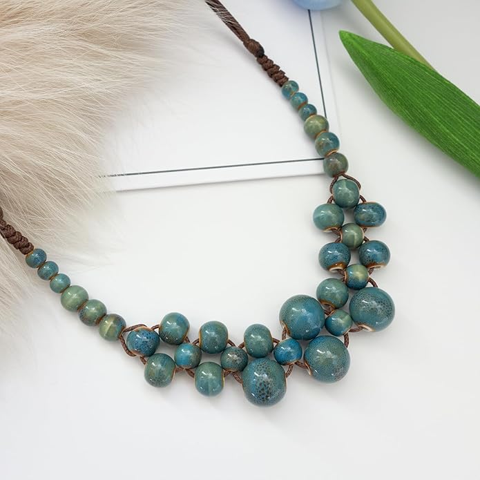 Boho Round Colorful Ceramic Beaded Necklace, Adjustable Hippie Statement Necklace, Handmade Ethnic Jewelry Gift for Women