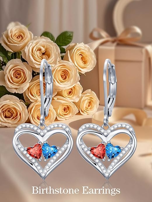 Valentines Day Gifts for Women, Heart Leverback Earrings Double Birthstone Dangle Earrings for Women, Love Jewelry for Her, Anniversary Birthday Gift for Mom Wife Girlfriend
