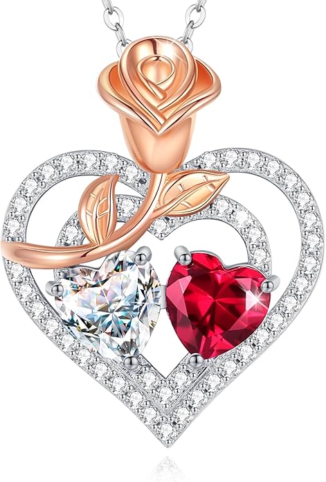 AGVANA Valentines Day Gifts Birthstone Necklace for Women Sterling Silver Rose Flower Heart Double Birthstone Jewelry Pendant Necklace Anniversary Birthday Gifts for Women Mom Wife Girlfriend Her