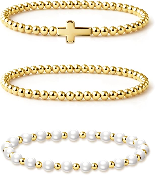Zeffy Gold Pearl Beaded Bracelet for Women, 14K Gold Plated Jewelry Set With Paperclip Link Chain, Trendy Stack Bracelets