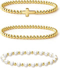 Zeffy Gold Pearl Beaded Bracelet for Women, 14K Gold Plated Jewelry Set With Paperclip Link Chain, Trendy Stack Bracelets