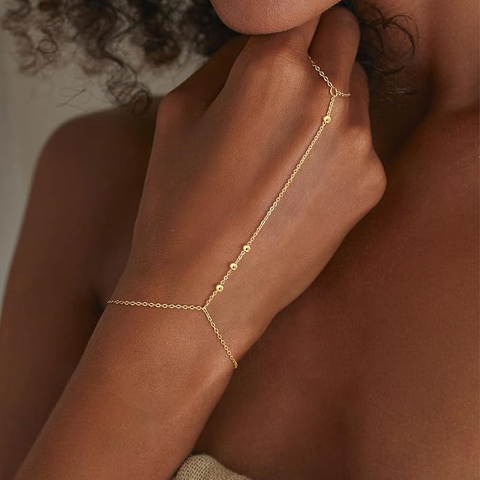 CHESKY 14K Gold Plated Hand Chain Bracelets for Women Set - Dainty Finger Ring Bracelet Stack Adjustable Hand Chains Durable Beaded Bracelets Trendy Simple Body Jewelry Gift for Women