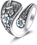 Hummingbird/Dragonfly Turquoise Ring 925 Sterling Silver Floral Spoon Rings Vintage Thumb Band Oxidized Wrap Adjustable Bands Jewelry Gifts for Women Wife Mother Christmas Birthday