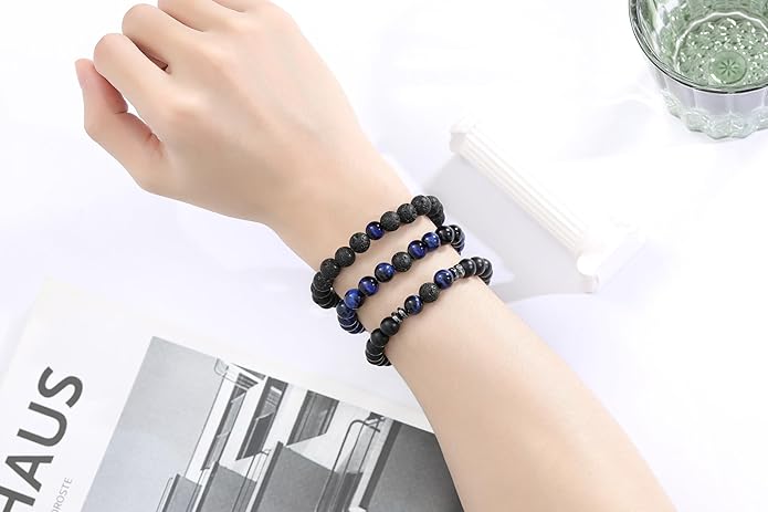 XIANNVXI Natural Stone Beads Bracelet for Men Crystal Bracelets 8MM Tiger Eye Lava Rock Obsidian Beaded Bracelet Set Black/Red/Blue Crystal Beaded Bracelets for Men