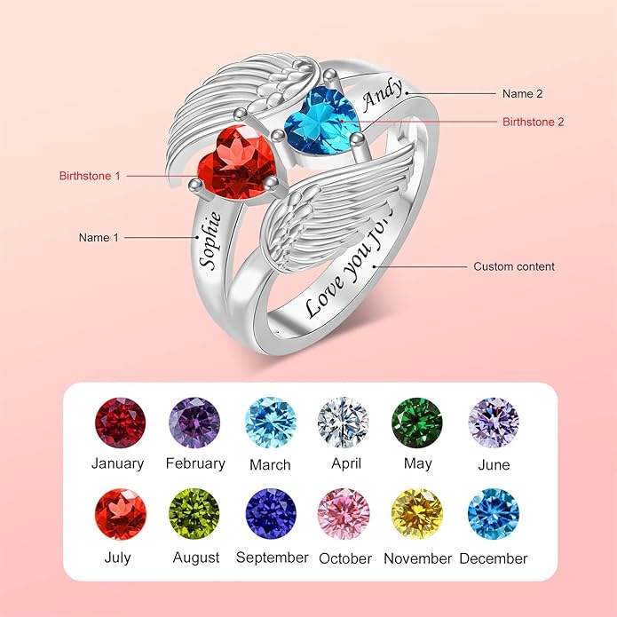 Personalized Heart Birthstone Rings for Women with 2 Birthstones Custom Name Rings for Couple Mother Daughter Jewelry Gift for Mother Her Christmas