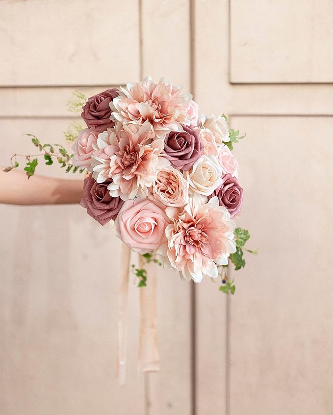 FACINOC Pink Roses Artificial Flowers Dusty Blush Fake Flower Bulk Box Set | - Image 5