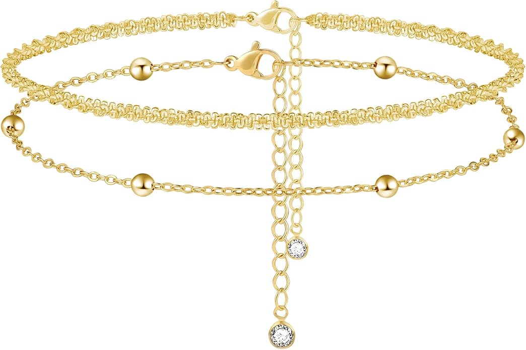 MIDEEO Gold/Silver Ankle Bracelets for Women,14K Gold Anklets for Women Waterproof Cuban Link Heart Beads Herringbone Rhinestone Anklets Set Layered Anklet Bracelets for Women Gold Jewelry Gift