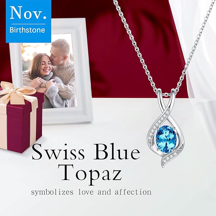 SMILEST Valentines Day Gifts for Her - 925 Sterling Silver Oval Sparkle Birthstone Necklace, Infinity Pendant Necklace Anniversary Birthday Gifts for Women Wife Girlfriend Mom Birthstone Necklace