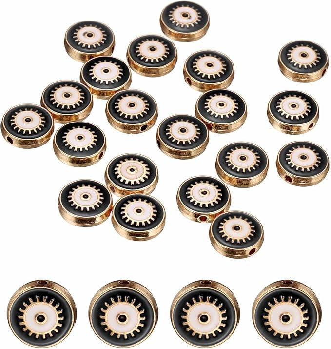 MECCANIXITY 20 Pcs Flat Round Evil Eye Beads Colorful Flat Loose Spacer Evil Eye Charms for DIY Bracelet Earrings Necklace Crafts Jewelry Making, Black