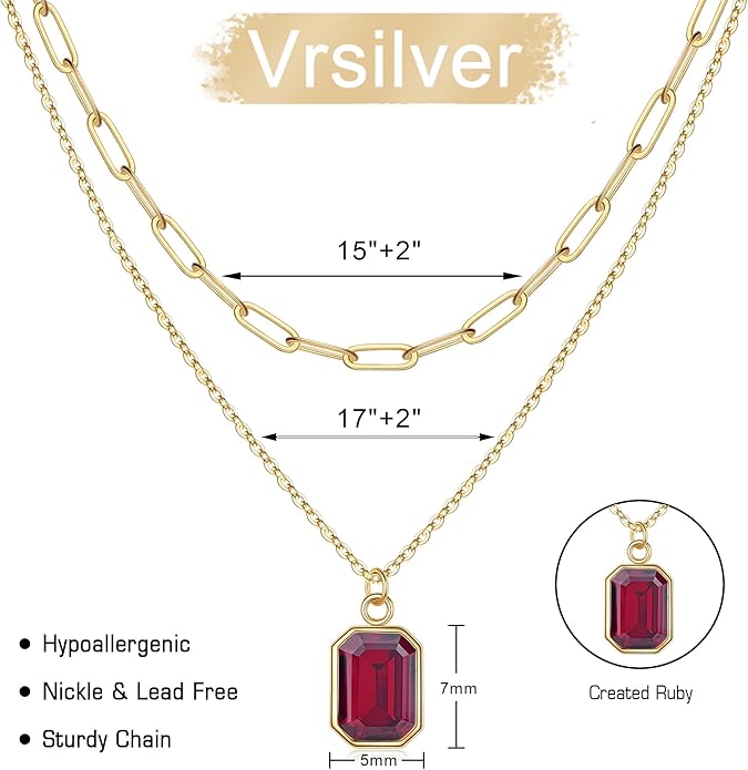 Layered Birthstone Necklace for Women Girls, 14K Gold-Plated Paperclip Chain Choker Necklace with Rectangle Birthstone Pendant Birthday Gifts for Women Girls Dainty Small